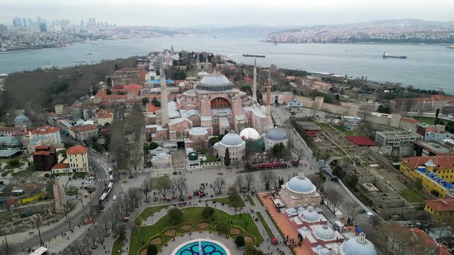 Istanbul Hagia Sophia mosque with Bosphorus in the background circling shot