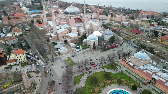 Istanbul Hagia Sophia mosque with Bosphorus in the background reveal shot