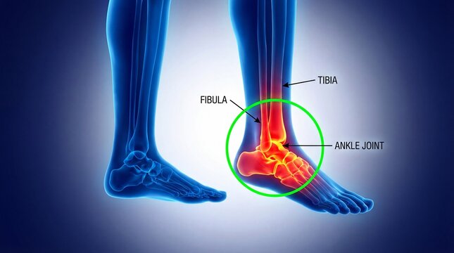 Detailed illustration of human ankle joint anatomy highlighting tibia, fibula, and surrounding bone structure