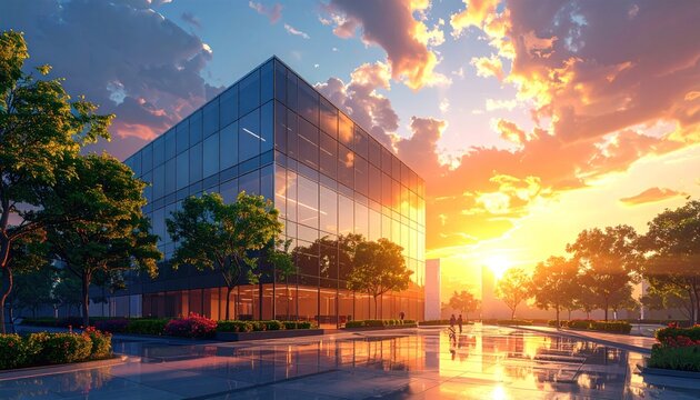 Glass building reflects vibrant sunset amid lush landscape; clouds dramatize the sky