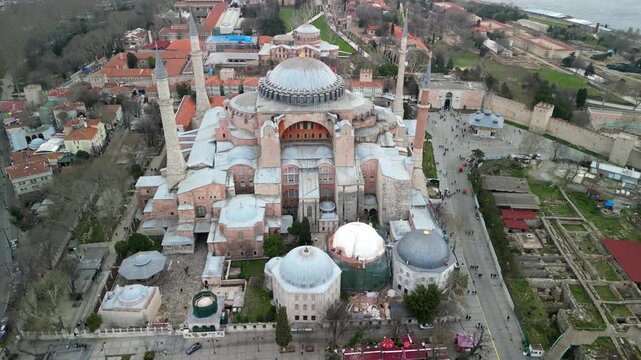 Istanbul Hagia Sophia mosque with Bosphorus in the background flying above shot