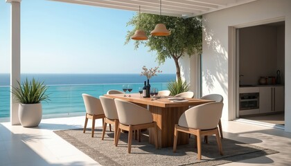 Obraz premium Luxury outdoor dining set with teak chairs and white concrete tables faces calm ocean. Wine glasses and bottles await guests for a delightful meal with a serene sea view setting.