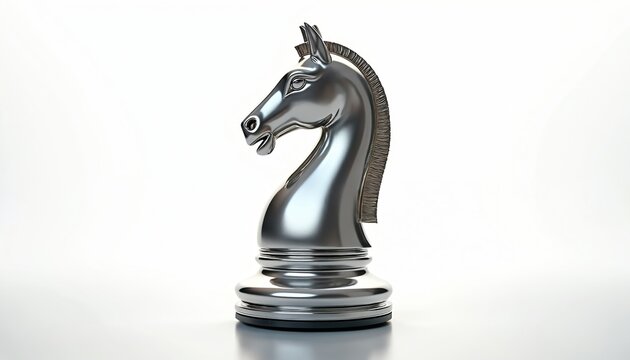 Polished silver chess knight on white background. This piece represents strategy and thoughtful play. It is often used in business or game concepts. A single metallic knight.