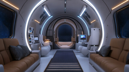Fototapeta premium Modern interior of a spaceship with comfortable seats, sleek design, and glowing lights. The spacious, futuristic environment emphasizes advanced space travel.