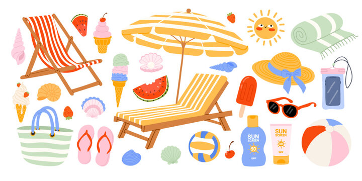 Beach accessories sticker set with sun umbrella, deck chairs and sunglasses. Hand drawn doodle sunscreen, beach bag and ball. Vector illustration for stickers and scrapbooking