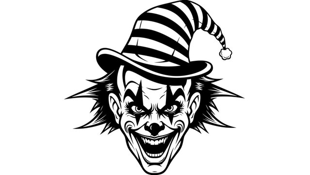 Scary Clown Face Black and White Illustration, Evil Jester Portrait, Horror Character