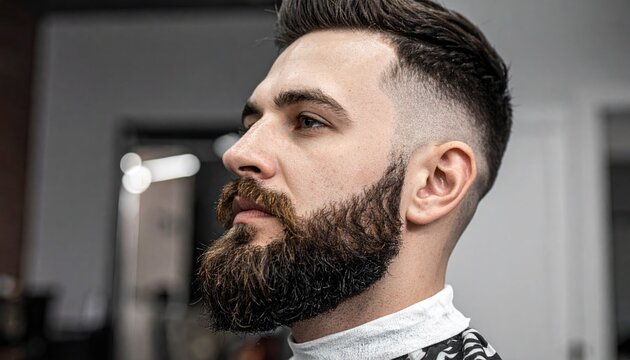Man with styled beard and fade haircut sits in modern barbershop wearing patterned cape