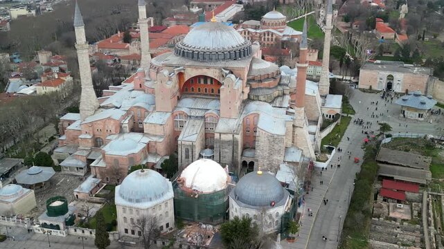 Istanbul Hagia Sophia mosque with Golden Horn in the background zoom-in shot