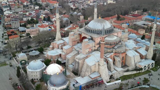 Istanbul Hagia Sophia mosque with Golden Horn in the background zoom-out shot