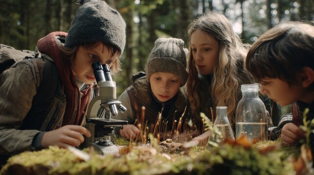 group of children examining nature through a microscope in a forest. The close-up of the microscope and the curious expressions capture their excitement for learning.