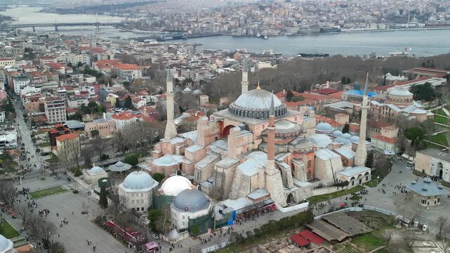 Istanbul Hagia Sophia mosque with Golden Horn in the background rotation zoom