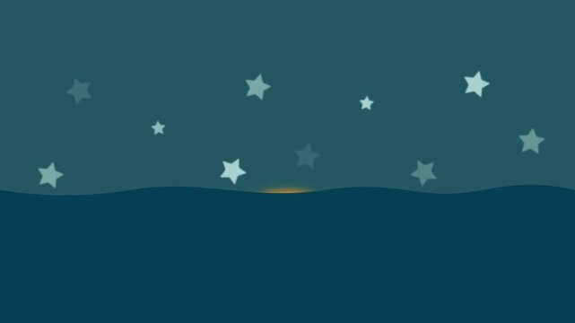 Minimalist 2D animation of sun setting over ocean horizon transitioning into night sky with twinkling stars flat vector motion graphics