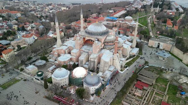 Istanbul Hagia Sophia mosque with Golden Horn in the background flying above