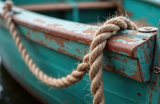 Close up of weathered turquoise boat side with thick rope tied. Aged wood texture shows peeling paint and rust. Nautical detail of watercraft tied to dock.