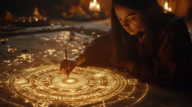 woman drawing an intricate magical symbol on the floor, surrounded by glowing lights and candles. The scene evokes a sense of mysticism and ancient knowledge.