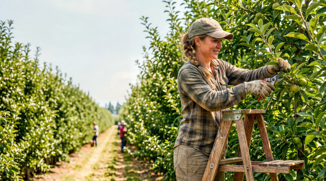 Female farm worker pruning fruit trees on a wooden ladder. Woman using shears in an apple orchard during summer