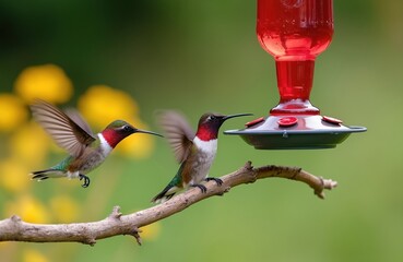 Obraz premium Two hummingbirds fly near red feeder. Small birds hover, one lands on branch. Tiny birds with iridescent feathers drink nectar from feeder in garden.