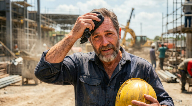 Exhausted construction worker wiping sweat from his forehead. Middle-aged man holding a yellow hard hat on a dusty building site. Manual labor and hard work concept