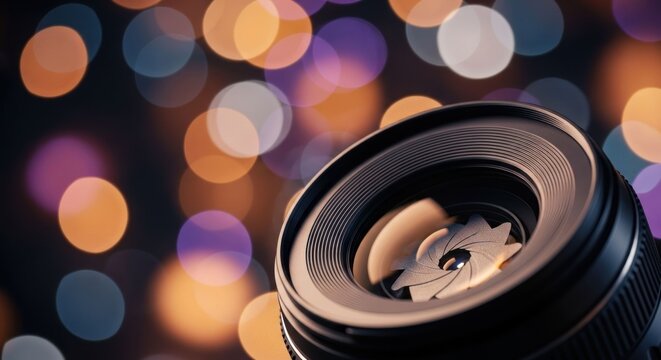 Closeup of a camera lens with bokeh background.