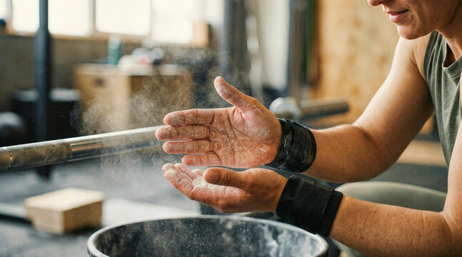Close up of athlete hands applying white chalk in a gym. Female weightlifter preparing for a workout with magnesium powder. Strength training and grip preparation concept