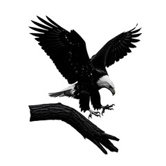 Obraz premium Majestic Eagle's Descent: An American bald eagle descends gracefully towards a sturdy tree branch, showcasing the animal's powerful wingspan and keen focus. 