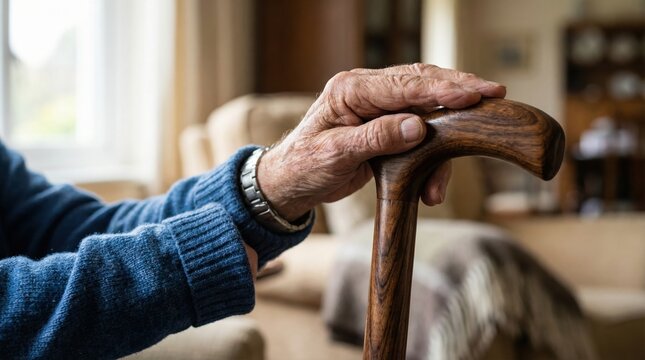 Elderly hands resting on wooden cane, aging and healthcare support concept
