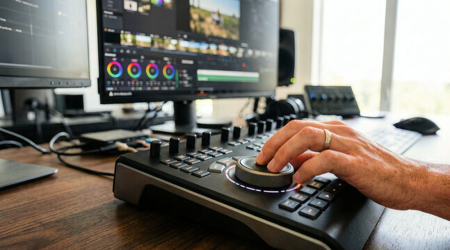 Professional video editor using a color grading control surface. Hand adjusting footage on a specialized console in a studio. Post production concept