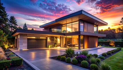 Fototapeta premium Modern home with large windows, vibrant sunset sky, lush garden, and sleek driveway