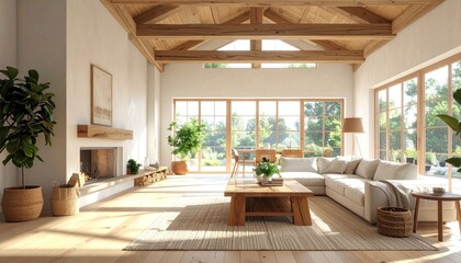 Obraz premium Sunlit living room, wooden beams, large sofa, coffee table, plants, fireplace, bright windows
