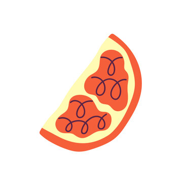 Slice of pomegranate. Cut sweet garnet fruit with red grains. Piece of healthy tropical food. Organic and natural exotic eating. Farm crop. Flat isolated vector illustration on white background