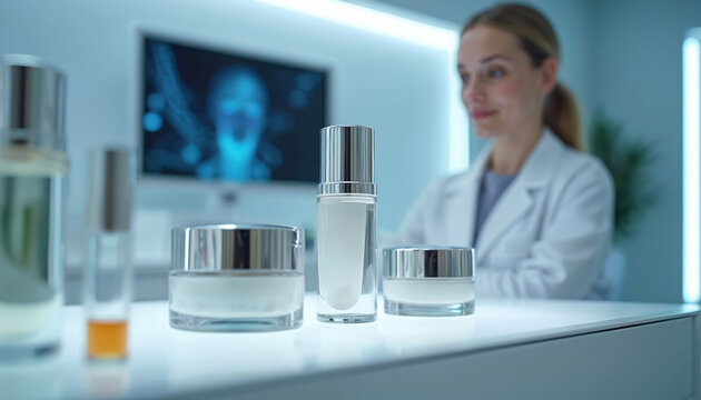 Woman in lab coat sits near display showing face scan. Skincare products sit on table. Beauty tech analyzes skin for custom treatment. Future of cosmetic science.