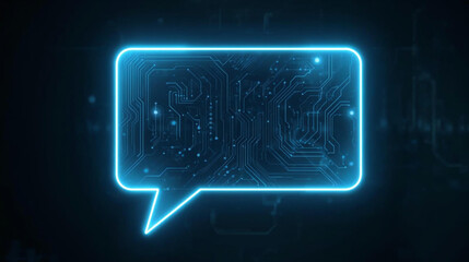 A futuristic, glowing speech bubble blue light, against a dark, abstract background suggesting advanced technology. © Pemuda