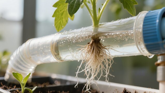 Close up of plant in hydroponic pipe with roots in water and bubbles, representing soilless cultivation, smart farming technology and plant growth system