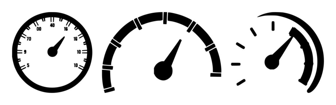 Accelerator speed icon set with solid black silhouette on white background featuring speed, engine, racing with motion and speedometer