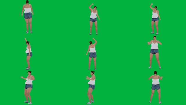 A woman in white tank top and blue shorts is dancing on green screen و doing exercises animated chromakey background illustration style cartoonish composition motion creative colorful
