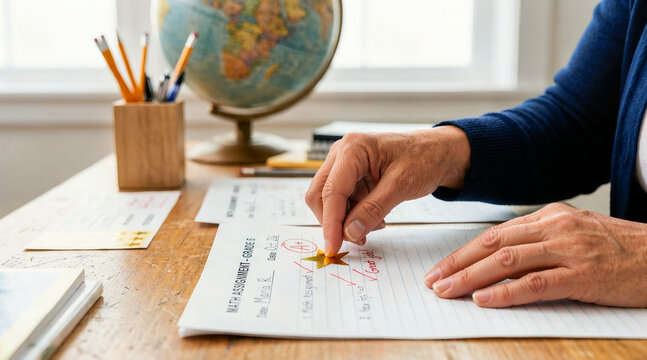 Teacher hands placing a gold star sticker on a graded math assignment. Close-up of an A plus paper on a wooden desk. Education and academic success concept