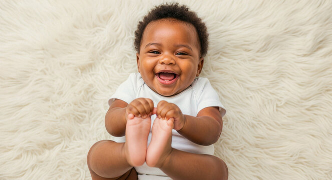 Overhead view of a smiling Black baby lying on a fluffy white rug. Happy infant holding bare feet in a white onesie. Copy space for text