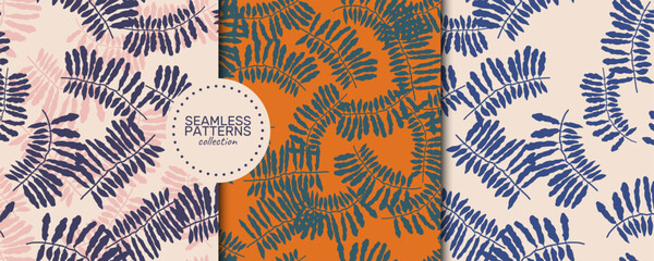 A seamless vector patterns collection of tropical fern leaves in navy, pink, teal and orange on peach and orange backgrounds © irinabogomolova