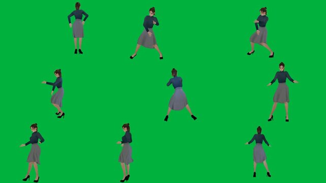 A woman in gray dress is standing on green screen و business suit dancing walking across group of people animated chromakey background figure movement layers expression composition