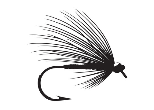 Black silhouette of a fly fishing logo vector, fly fishing lure logo icon silhouette, fly fishing hook silhouette, fly fishing flies silhouette vector design on white background