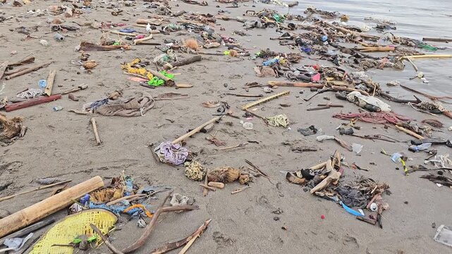 Polluted beach shoreline covered with plastic waste driftwood and debris near water edge environmental contamination and ocean pollution problem coastal landscape perspective view