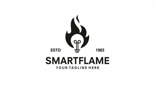 Flame torch logo with bulb filament icon, ESTD 1983 text, and minimalist branding layout for smart energy identity