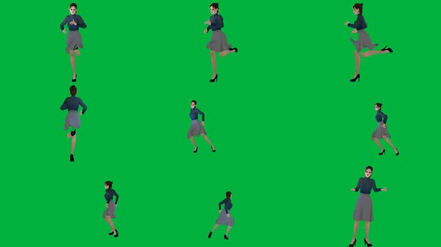 A woman in business suit is walking on green screen و dancing group of people man black shirt with and animated chromakey background design colorful scene elements creative gesture