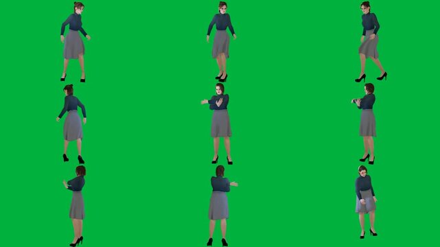 A man in black shirt is walking on green screen و dancing woman dress animated chromakey background expression layers depth elements cartoonish illustration frame emotion creative motion