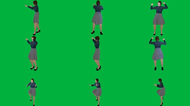 A woman in business suit on green screen و gray dress is walking black dancing animated chromakey background movement scene illustration figure depth emotion creative frame layers design