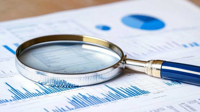 Magnifying glass on financial graphs, uncovering key insights and trends for analysis.