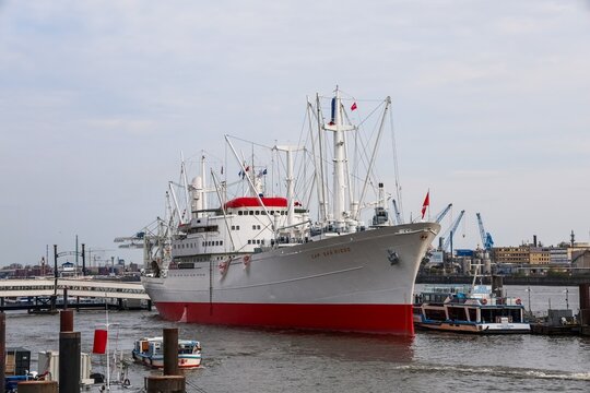 Hamburg, Germany - 15. April 2026: Cap San Diego museum ship in Hamburg harbor water