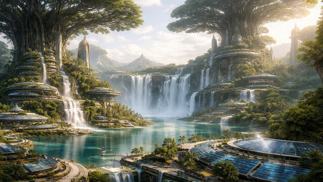 Futuristic eco city with solar panels and cascading waterfalls in a lush tropical landscape blending technology and nature.