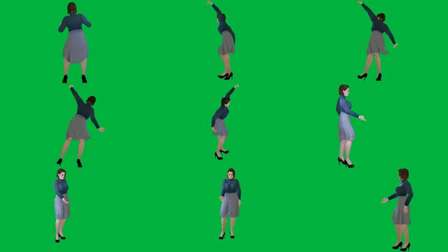 A group of people walking across green screen و woman in blue dress is dancing on animation standing front gray animated chromakey background figure illustration movement expression