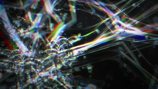Abstract microscopic view of crystalline structures in motion with rainbow light refractions.